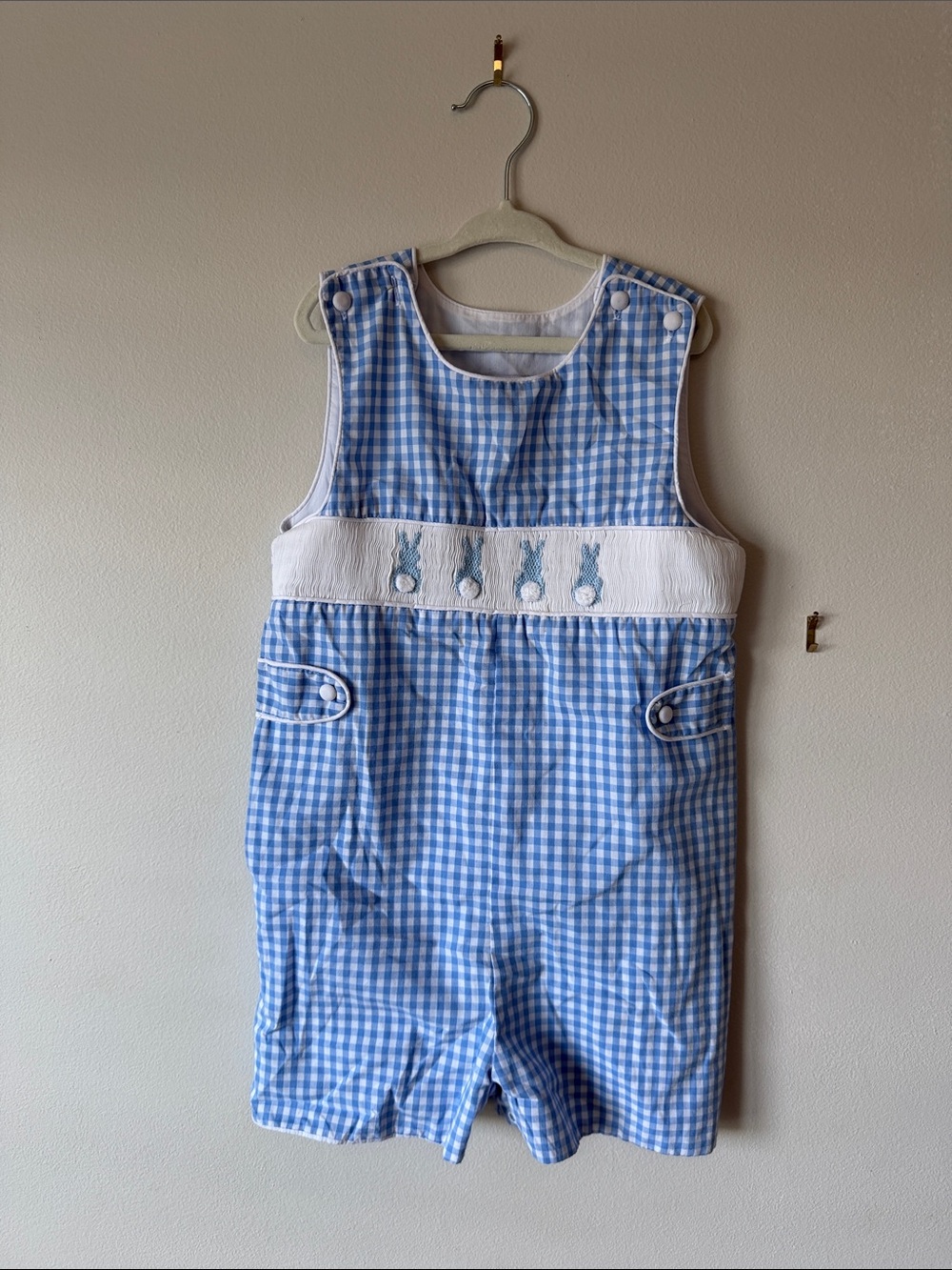 Classic Blue Gingham Boys' Shortall with Bunny Appliqué - Easter